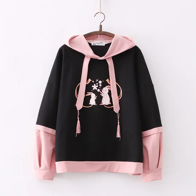Cartoon Double Rabbit Print Hooded Student Hoodie Black - Shop at LoveMi
