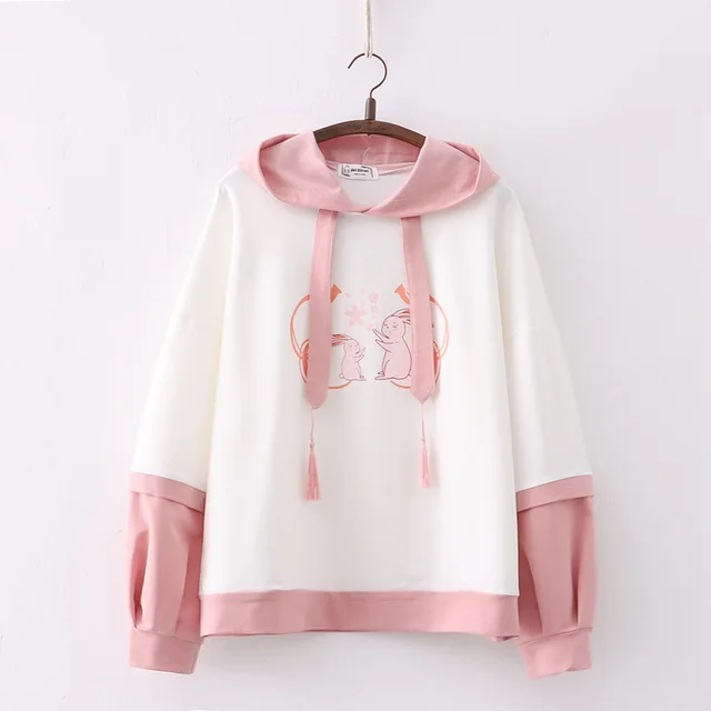 Cartoon Double Rabbit Print Hooded Student Hoodie White - Shop at LoveMi