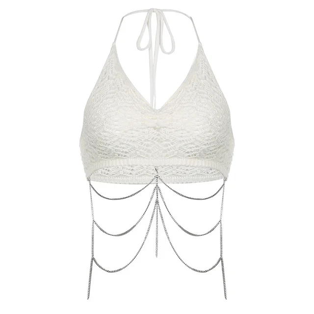 Design Sense Hollowed Out Mesh Hole Wool Woven Solid Color Sling White - Shop at LoveMi