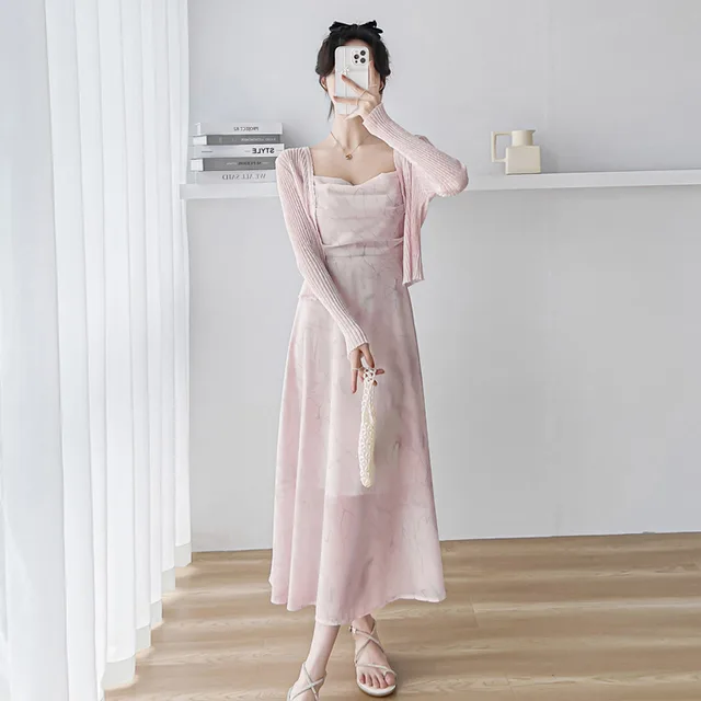 Ink Painting Suspender Dress Cardigan Pink Sling Dress - Shop at LoveMi