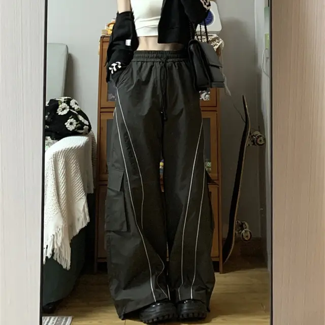 Vintage Cargo Track Pants Women Casual Oversized Y2k Sweatpants Trousers Grey Black - Shop at LoveMi
