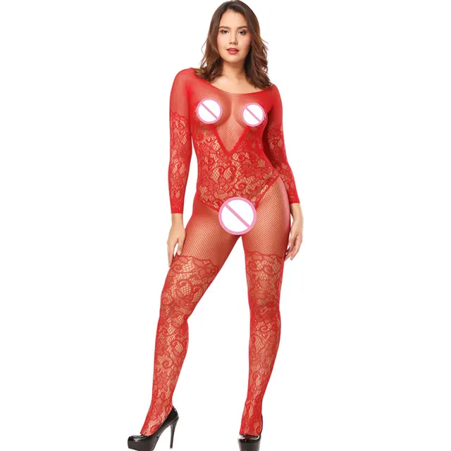 V shaped Chest Embroidered Long sleeved Open Stockings Red - Shop at LoveMi