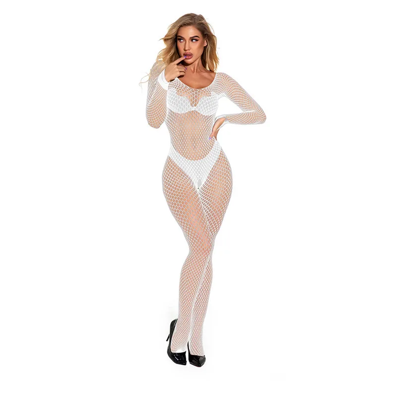 V-shaped Chest Embroidered Long-sleeved Open Stockings - White