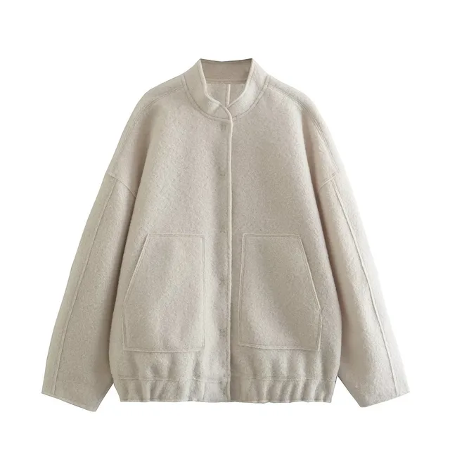 Standing Neck Loose Sleeved Pocket Jacket White - Shop at LoveMi