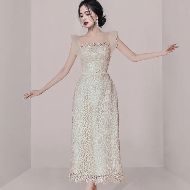 Small Group Temperament Patchwork Lace High Waisted Dress Light Apricot Color - Shop at LoveMi