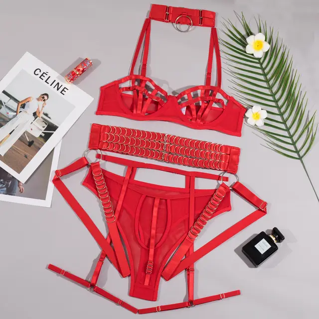 Gather Chest Strap Hollowed Out Lingerie For Women Red - Shop at LoveMi