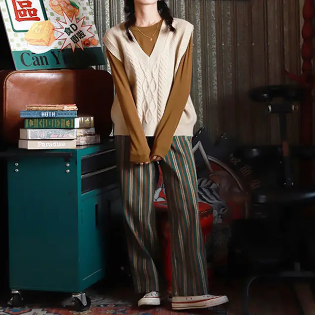 Green Vertical Striped Wide Leg Pants For Women With High Waist Green - Shop at LoveMi