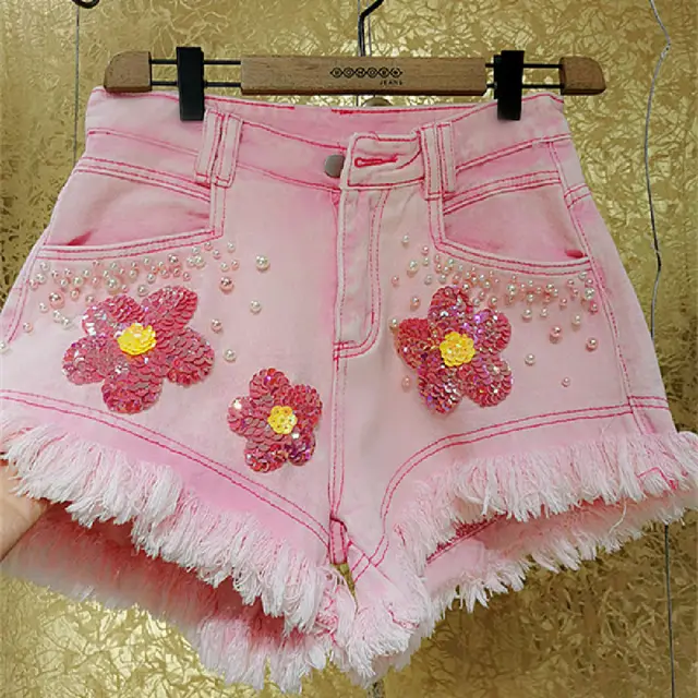 Women's Fashion Fringe Edge Denim Shorts Pink - Shop at LoveMi