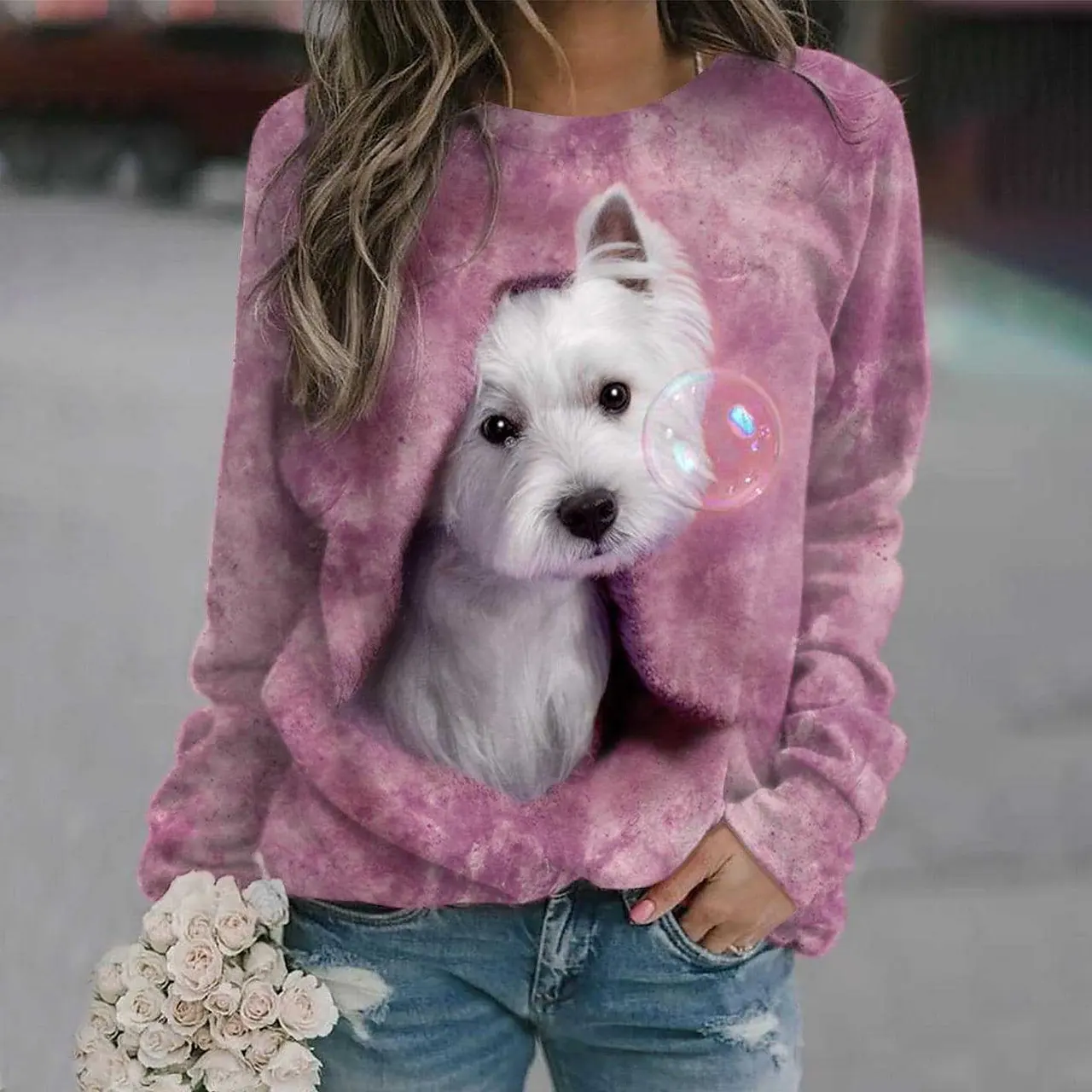 3D Round Neck Fashionable Sweater For Women - Pink