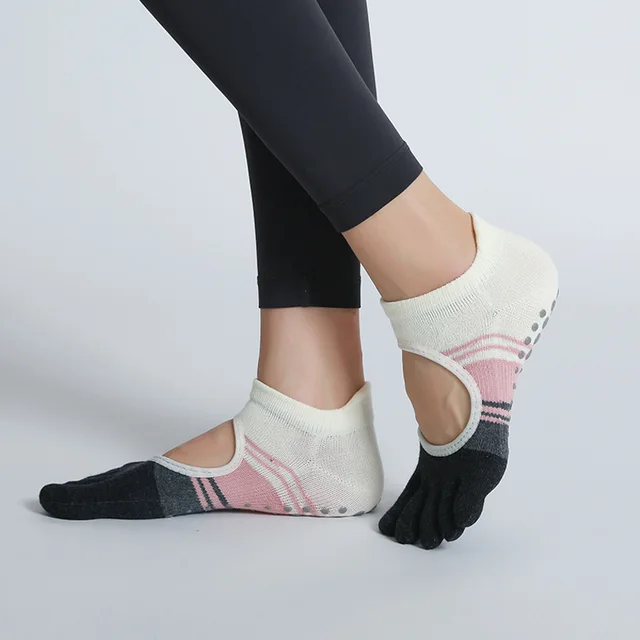 Pilates Non Slip Dance Backless Socks Color Matching Powder Fulltoe - Shop at LoveMi