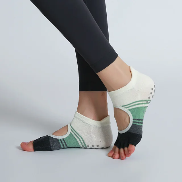 Pilates Non Slip Dance Backless Socks Colored Green Half Toe - Shop at LoveMi