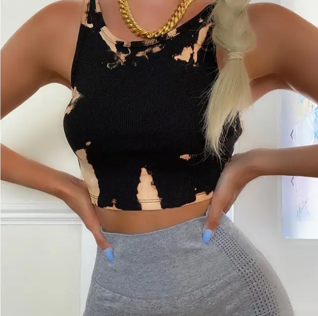 Women's Tie dye Printed Thread High Elastic Slim Sports Vest Midriff baring Top Black - Shop at LoveMi