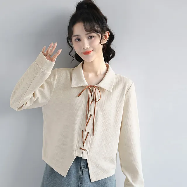Women's Apricot Long sleeved Shirt With Loose Polo Collar Apricot - Shop at LoveMi
