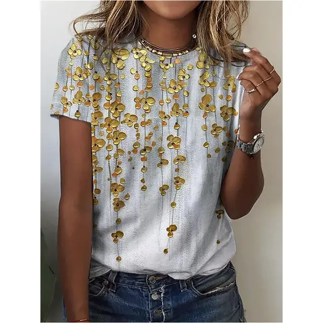 Floral Digital Printed Round Neck Short Sleeve T shirt Yellow - Shop at LoveMi