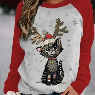 Christmas Print Crewneck Matching Color Long Sleeves - Cat