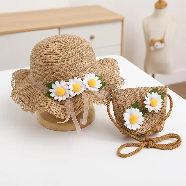Children's Straw Hat Three Sunflowers Sunscreen Khaki Hat Bag - Shop at LoveMi