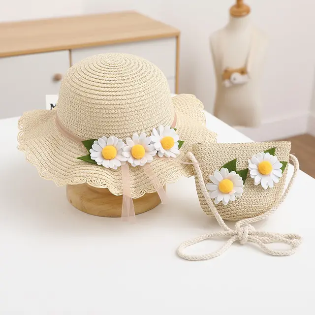 Children's Straw Hat Three Sunflowers Sunscreen Offwhite Hat Bag - Shop at LoveMi