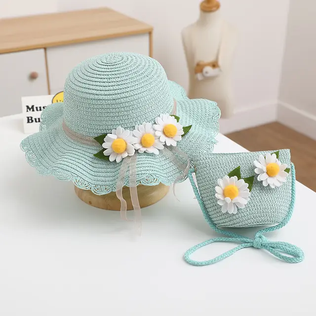 Children's Straw Hat Three Sunflowers Sunscreen Sky Blue Hat Bag - Shop at LoveMi