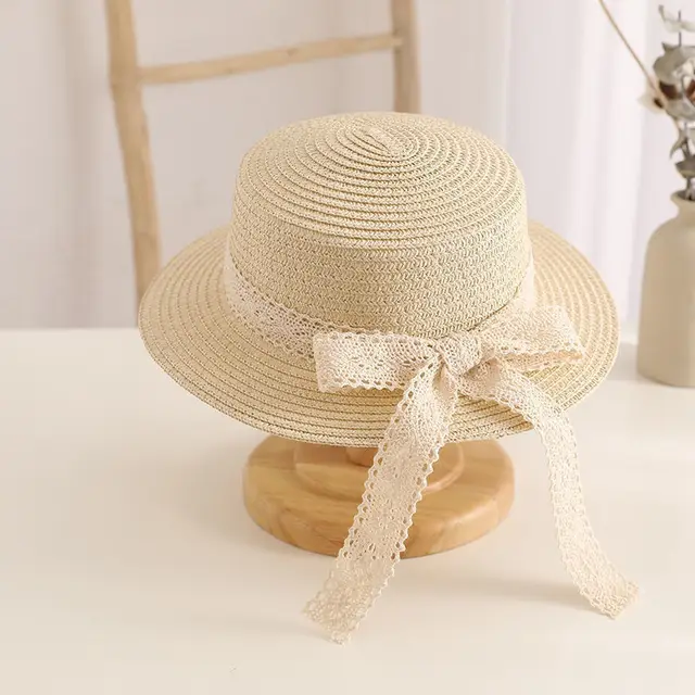 Lace Bow Ribbon Straw Hat Beige Bowtie Ribbon - Shop at LoveMi