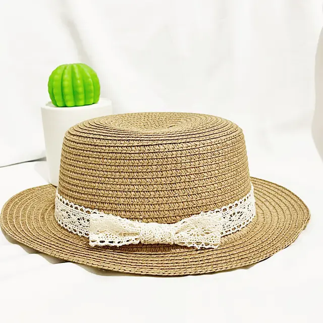 Lace Bow Ribbon Straw Hat Khaki Bowknot - Shop at LoveMi