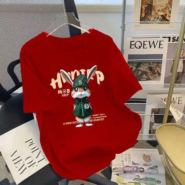 Colorful Right Shoulder Short T shirt Half Sleeve Red - Shop at LoveMi