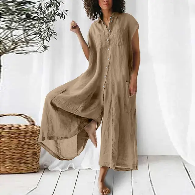 Women's Solid Color Casual Long sleeved Mid length Jumpsuit Khaki - Shop at LoveMi