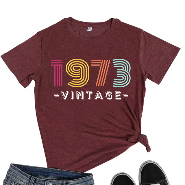 Women's Creative Loose Casual Letter Print 1973 VINTAGE Round Neck Short sleeved T shirt Wine Red - Shop at LoveMi