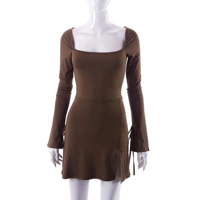 Slim Fit Wrap Hip Split French Dress Brown - Shop at LoveMi