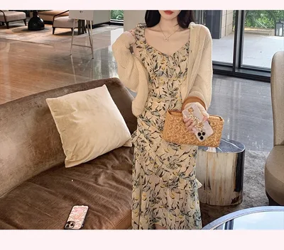 Chiffon Printed Dress Summer Mid Length Green Flower Elevated Edition - Shop at LoveMi