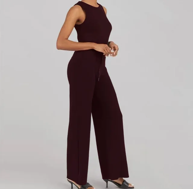 Solid Color Jumpsuit Sleeveless Tops Tie Elastic Pants Romper Dark Purple - Shop at LoveMi