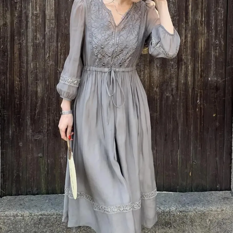 Lantern Sleeve Midskirt Embroidered Dress Summer