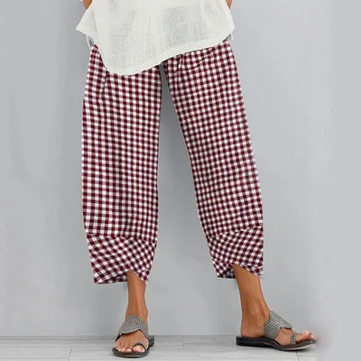 Cropped Pants With Checkered Panels For Versatility Red - Shop at LoveMi