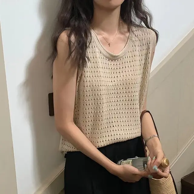 Suspended Sleeveless Ice Silk Knitted Women's Tank Top Apricot - Shop at LoveMi