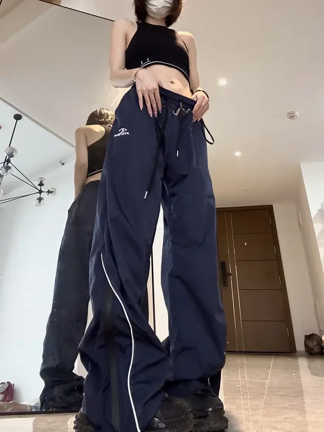 Summer Men's And Women's Loose Striped Drawstring Wide Leg Mop Pants Blue - Shop at LoveMi