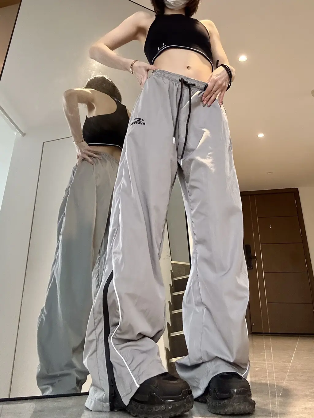 Summer Men's And Women's Loose Striped Drawstring Wide Leg Mop Pants - Grey