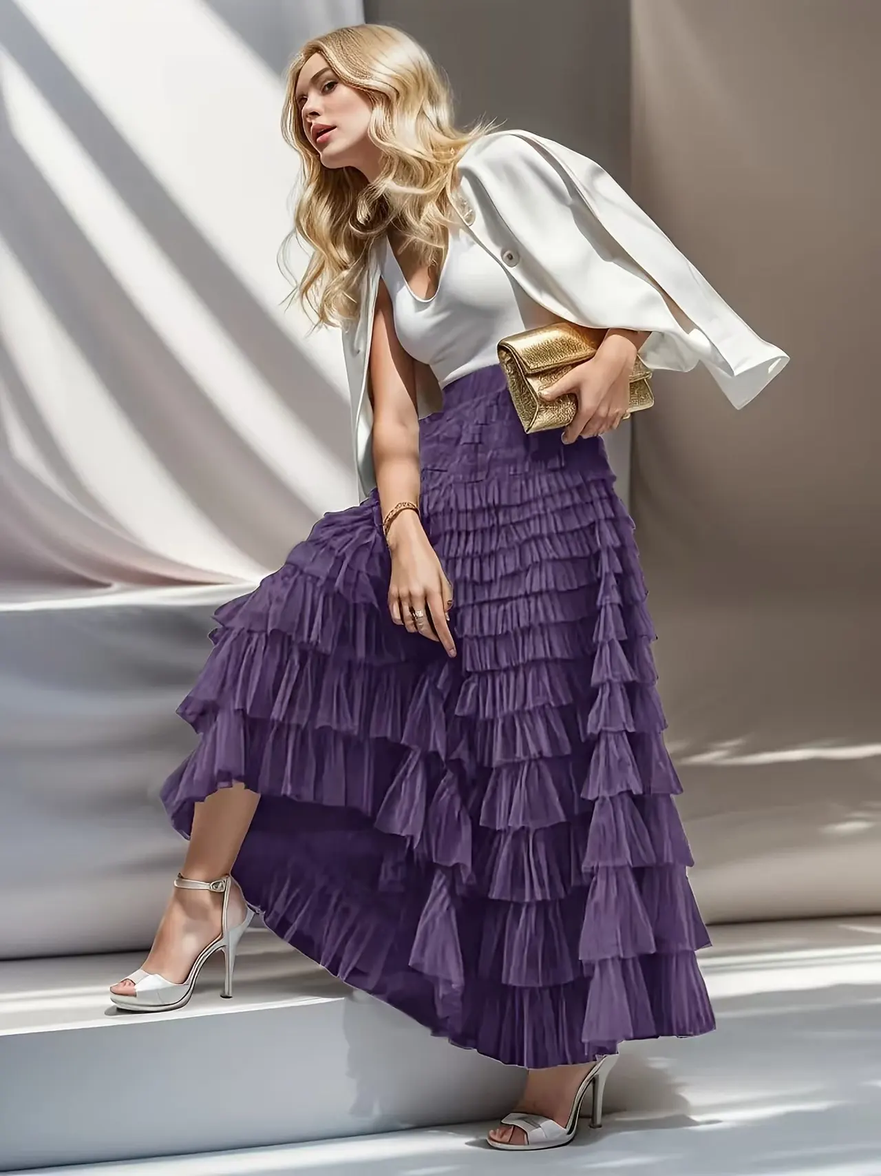 Layered Ruffles Cake Skirt Summer Fashion A Line Swing Mesh Long Skirt Party Dress Women - Dark Purple