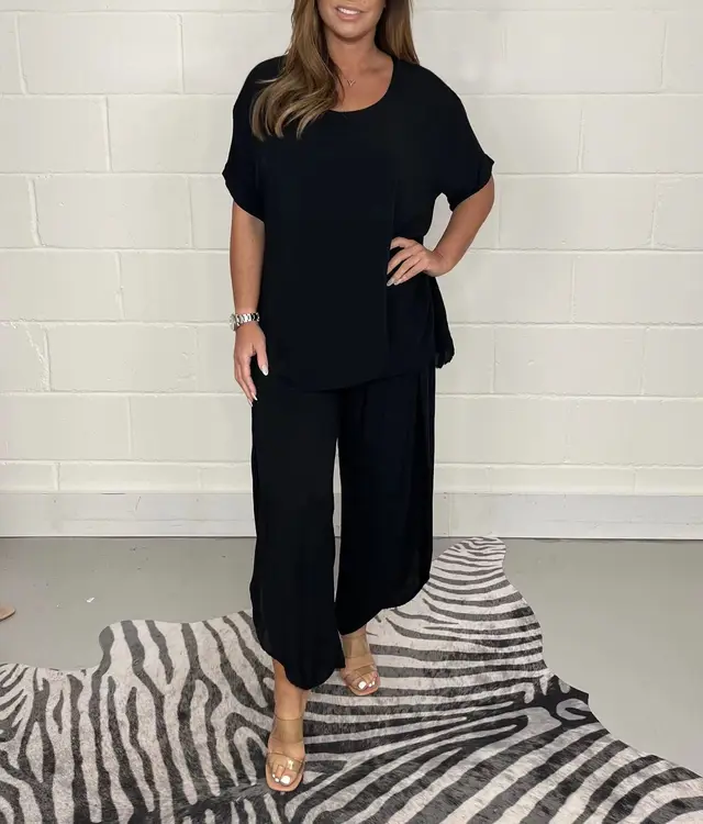 European And American Summer New Product Set Fashion Solid Color Loose Leisure Suit Black - Shop at LoveMi