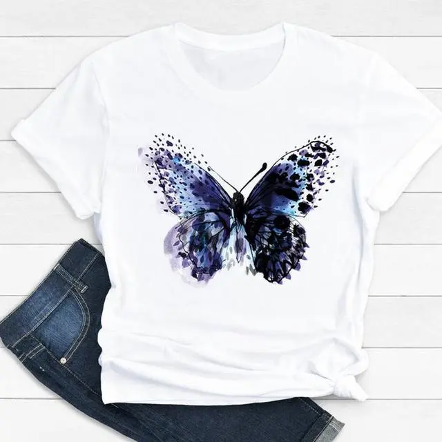 Women Butterfly Cute Fashion Graphic Top Short Sleeve T Shirt A09911 - Shop at LoveMi