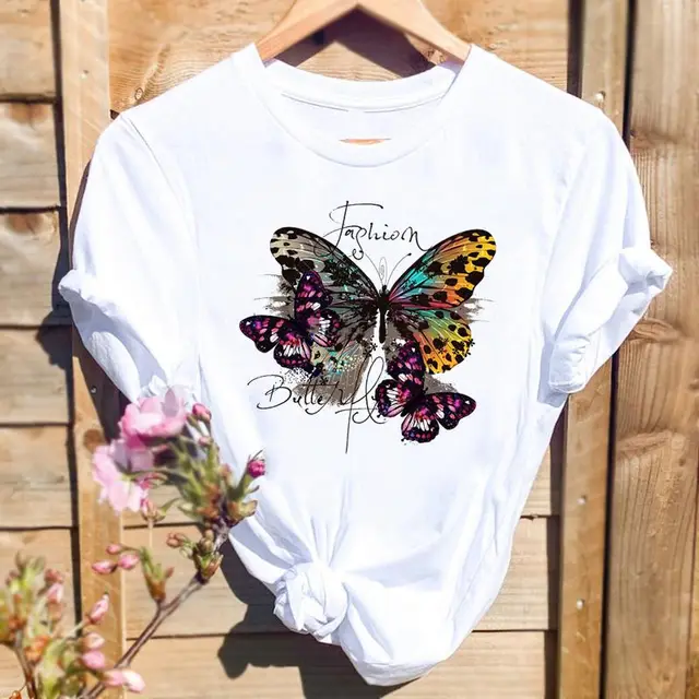 Women Butterfly Cute Fashion Graphic Top Short Sleeve T Shirt White - Shop at LoveMi