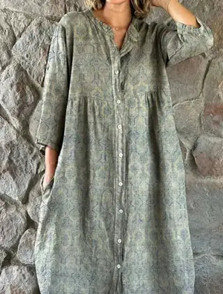 Casual Standing Collar Button Long Dress - Green A