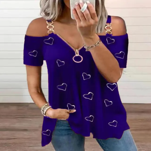Low Cut Zippered Solid Color Off Shoulder Short Sleeved T shirt Blue - Shop at LoveMi