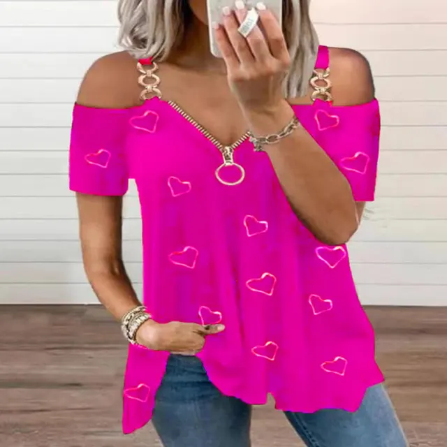 Low Cut Zippered Solid Color Off Shoulder Short Sleeved T shirt Rose Red - Shop at LoveMi