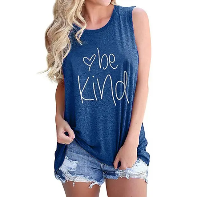 Letter Printed Round Neck Casual Sleeveless T shirt Blue - Shop at LoveMi