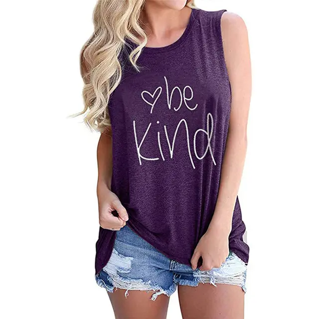 Letter Printed Round Neck Casual Sleeveless T shirt Purple - Shop at LoveMi