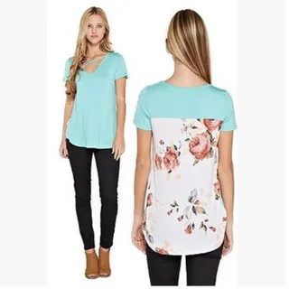 Women's Printed Patchwork Short Sleeved Loose Fitting - Green
