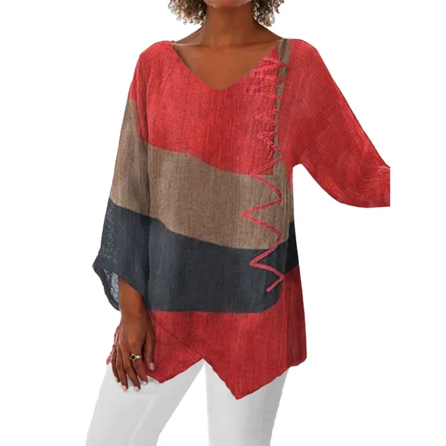 Ins Colorblock Print V neck Long Sleeve T Shirt Fashion Loose Tops Autumn And Spring Women's Clothing T16 - Shop at LoveMi