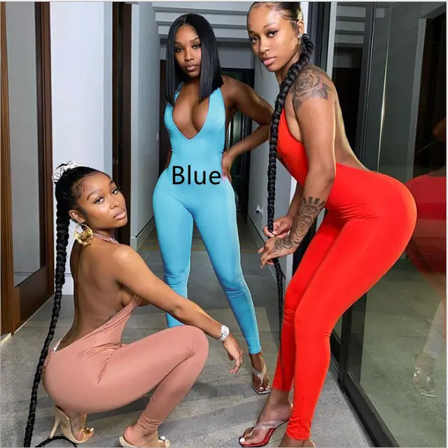 Women's Fashion Backless Neckline V neck Lifting Hip Sports Jumpsuit Blue - Shop at LoveMi
