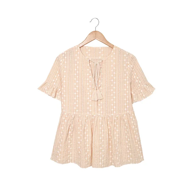 New Cotton Pullover Short Sleeves And Dots Lace V neck Top For Women Apricot - Shop at LoveMi