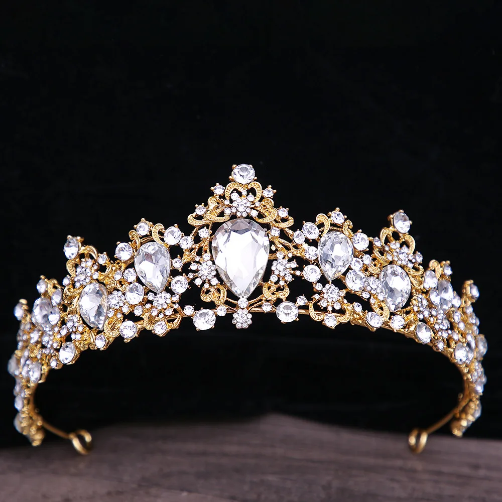Baroque Rhinestone Crystal Bridal Crown - Golden White