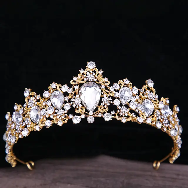 Baroque Rhinestone Crystal Bridal Crown - Golden White